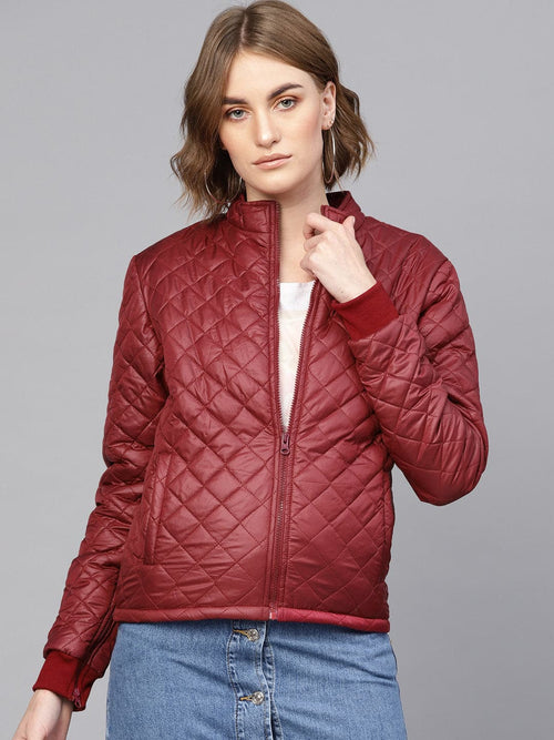 Burgundy Quilted Jacket With Zip On Sleeves