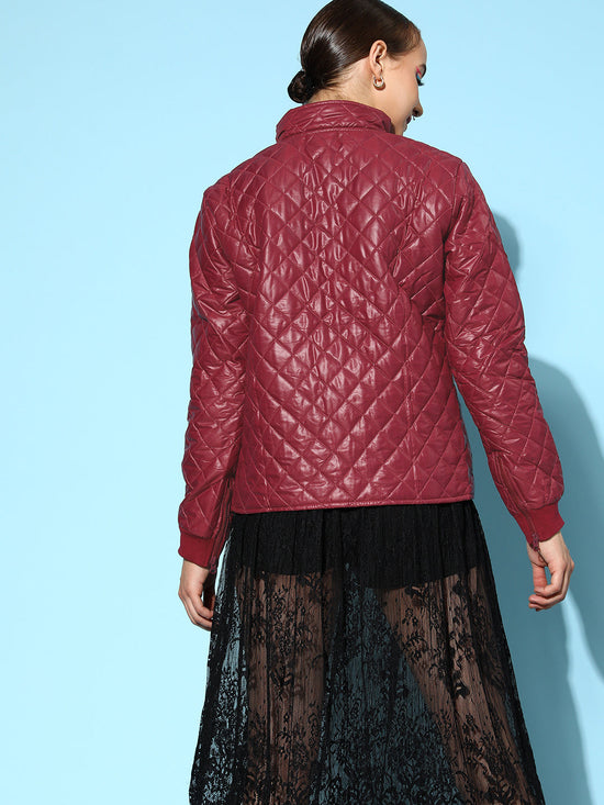 Women Burgundy Quilted Jacket With Zip On Sleeves