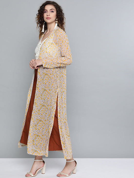 Yellow Ditsy Floral Side Slit Longline Shrug