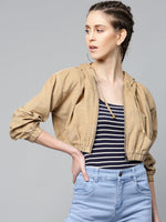 Beige Hooded Boxy Corduroy Crop Jacket