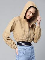 Beige Hooded Boxy Corduroy Crop Jacket