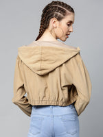 Beige Hooded Boxy Corduroy Crop Jacket