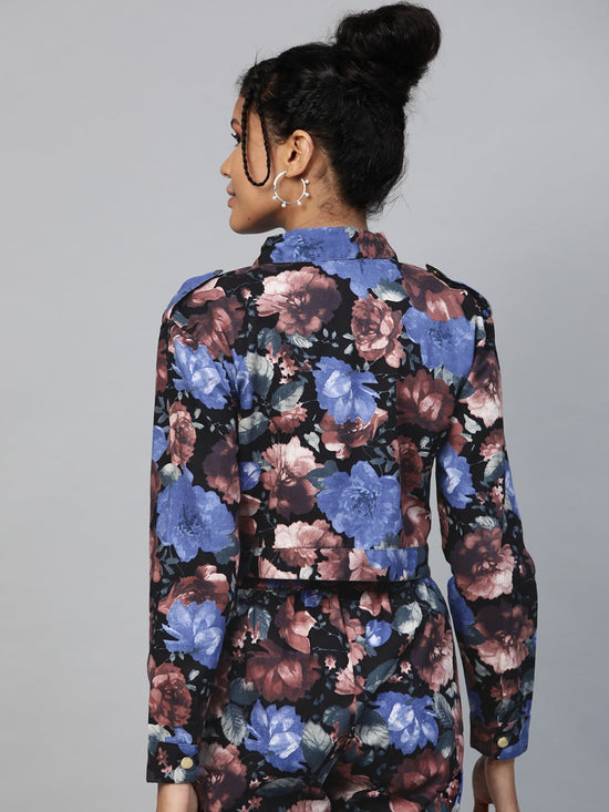 Blue Floral Crop Twill Jacket