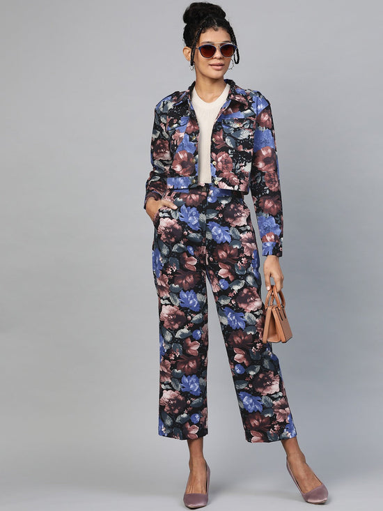 Blue Floral Crop Twill Jacket