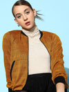 Women Mustard Jacquard Check Bomber Jacket