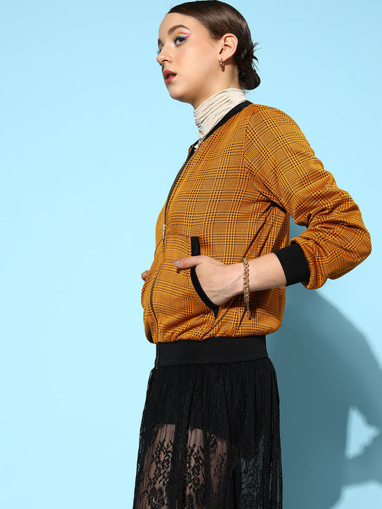 Women Mustard Jacquard Check Bomber Jacket