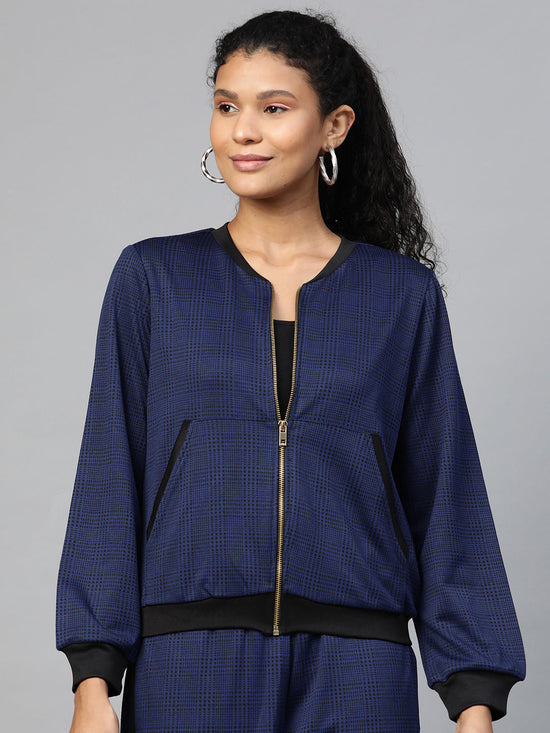 Navy Jacquard Check Bomber Jacket