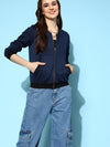 Women Navy Jacquard Check Bomber Jacket