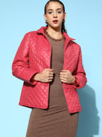 Women Red Collared Quilted Puffer Jacket