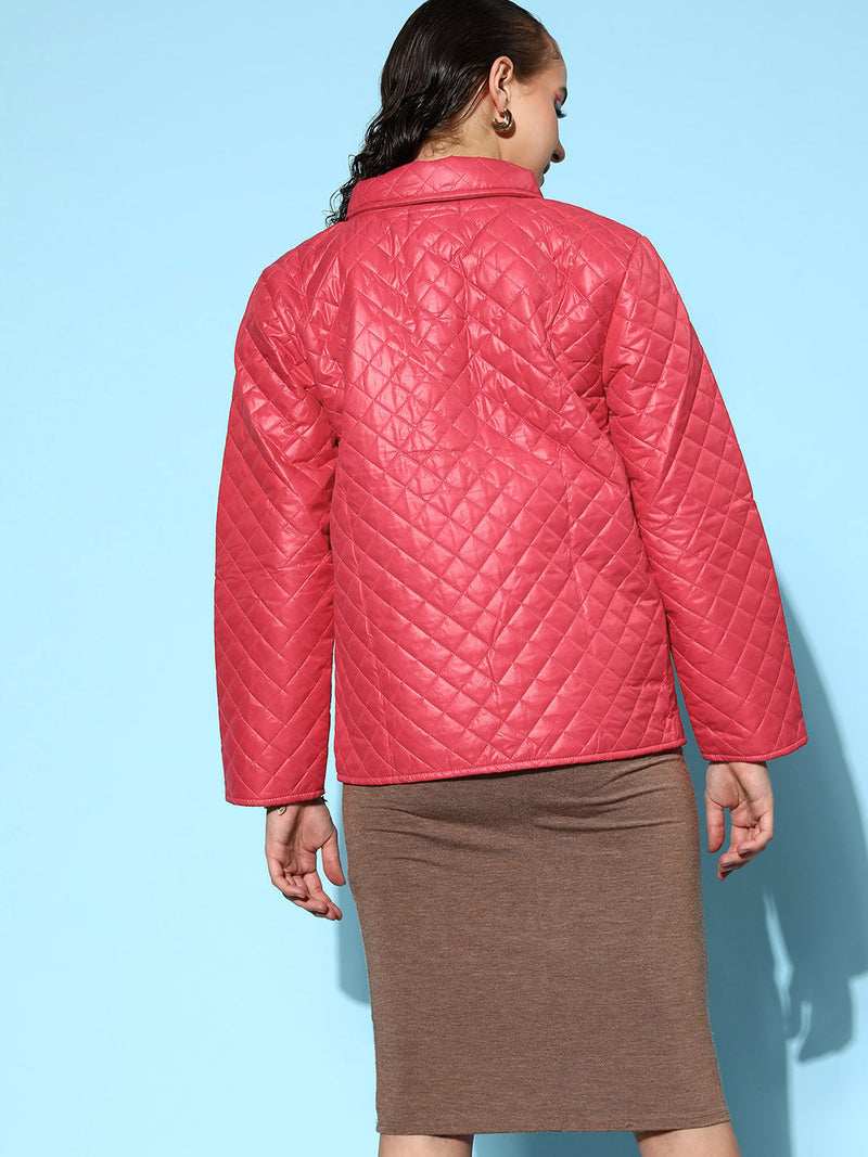 Women Red Collared Quilted Puffer Jacket