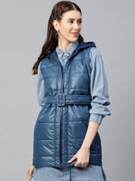 Teal Belted Longline Hooded Quilted Jacket