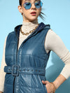 Women Teal Belted Longline Hooded Quilted Jacket