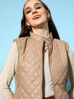 Women Khaki Sleeveless Quilted Puffer Jacket