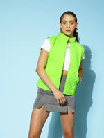 Women Neon Green Sleeveless Quilted Puffer Jacket