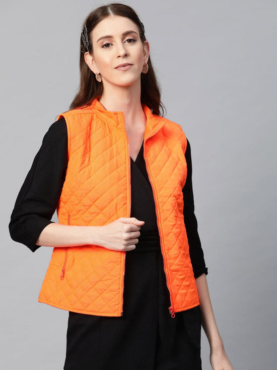 Neon Orange Sleeveless Quilted Puffer Jacket