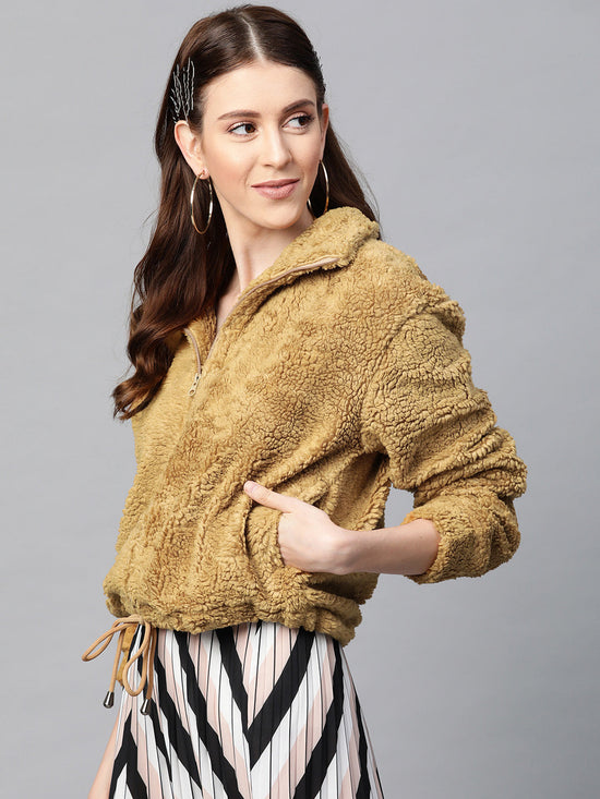 Mustard Drawstring Faux Fur Jacket