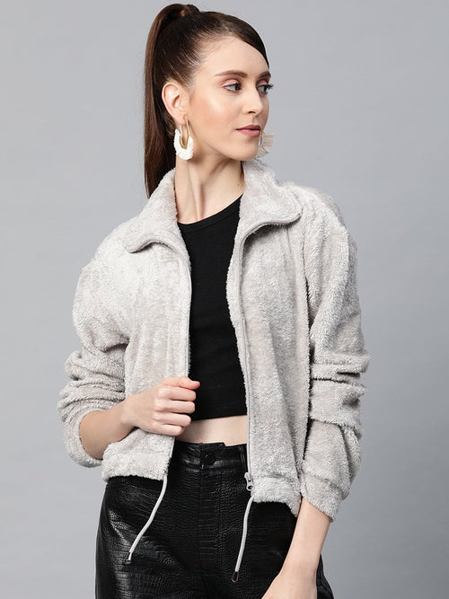 Grey Drawstring Faux Fur Jacket