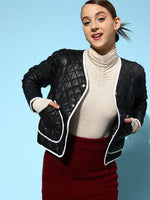 Women Black Piping Detail Quilted Jacket