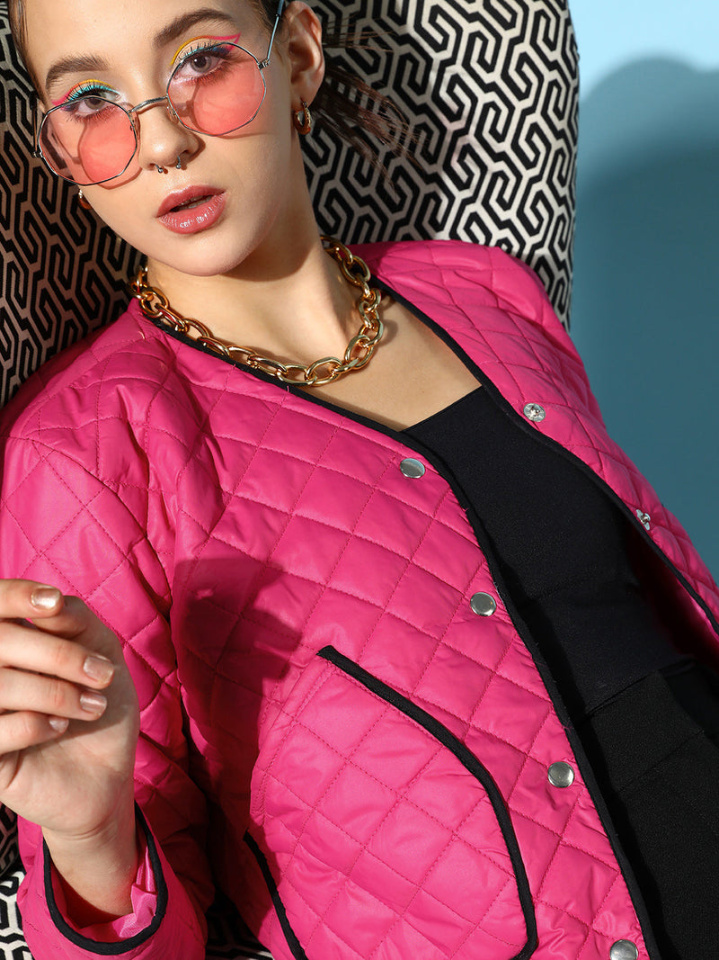Women Fuchsia Piping Detail Quilted Jacket
