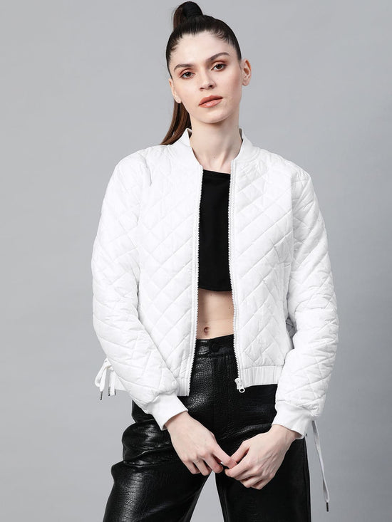 White Tie-Up Detail Quilted Bomber Jacket