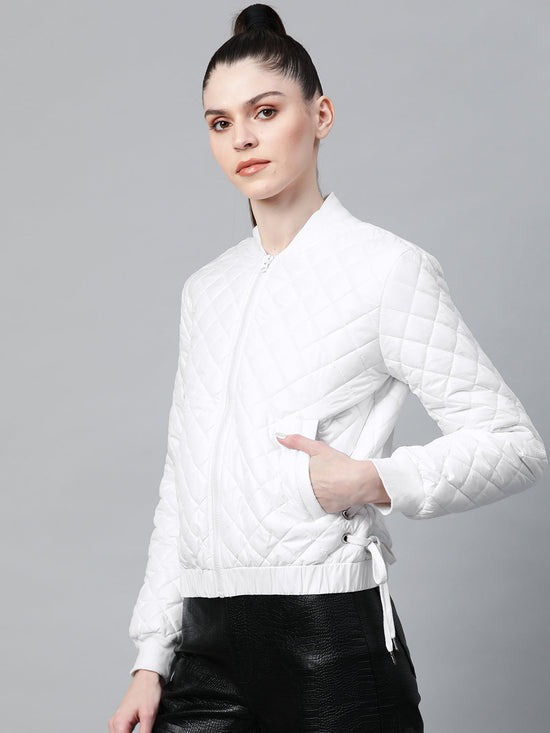 White Tie-Up Detail Quilted Bomber Jacket