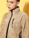 Women Beige Faux Fur Contrast Piping Jacket