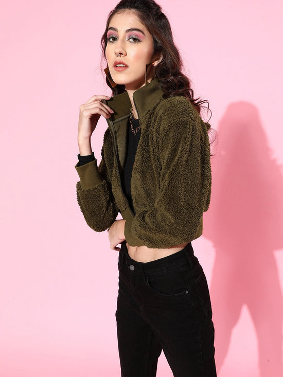 Olive Faux Fur High Neck Crop Bomber Jacket