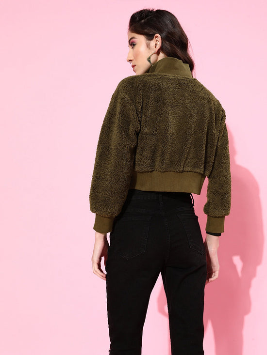 Olive Faux Fur High Neck Crop Bomber Jacket