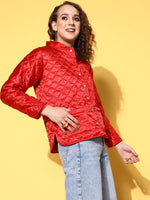 Women Red Satin Front Pockets Puffer Jacket