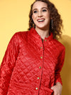 Women Red Satin Front Pockets Puffer Jacket