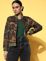 Women Olive Camouflage Print Front Zipper Quilted Puffer Jacket