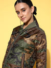 Women Olive Camouflage Print Front Zipper Quilted Puffer Jacket