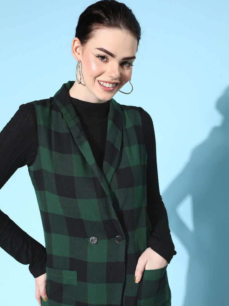 Women Green Flannel Check Sleeveless Blazer