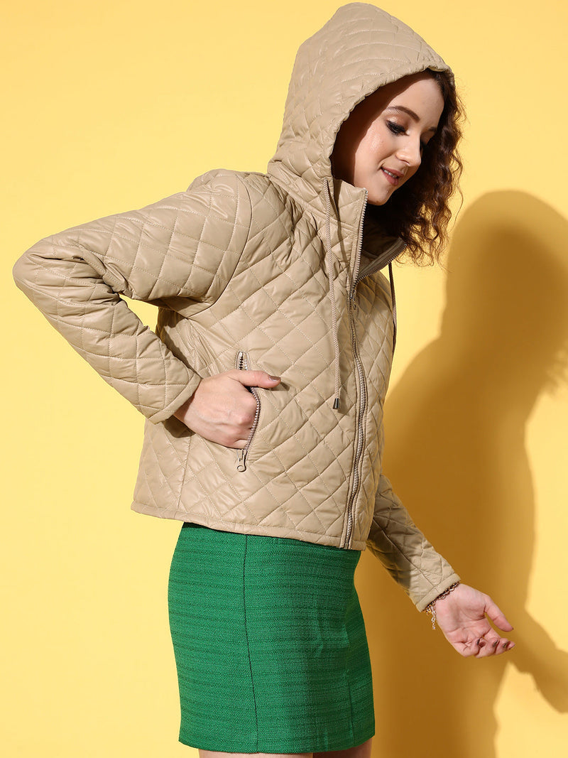 Women Beige Diagonal Quilted Puffer Jacket