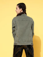 Women Olive Solid Denim Jacket