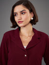 Women Burgundy Notch Collar Crop Blazer