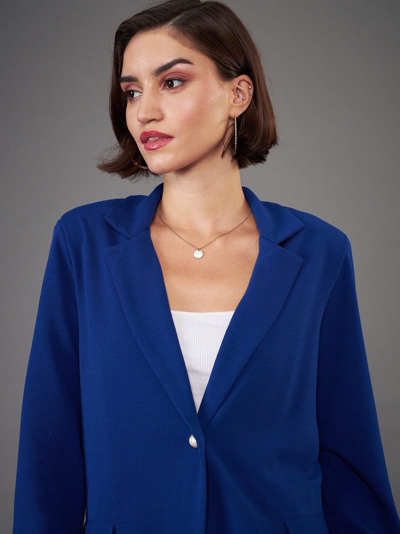 Women Royal Blue Front Button Blazer