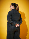 Women Black Acid Washed Basic Denim Jacket