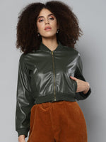 Olive PU Bomber Jacket