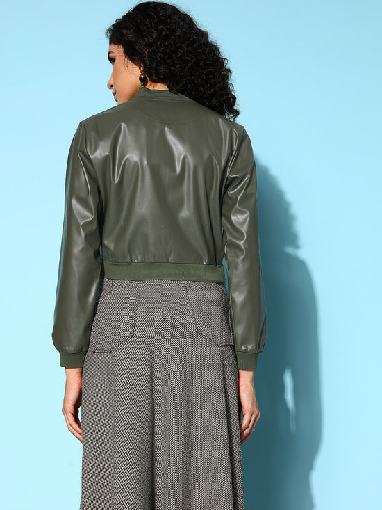 Women Olive PU Bomber Jacket