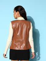 Women Brown Sleeveless PU Peplum Jacket