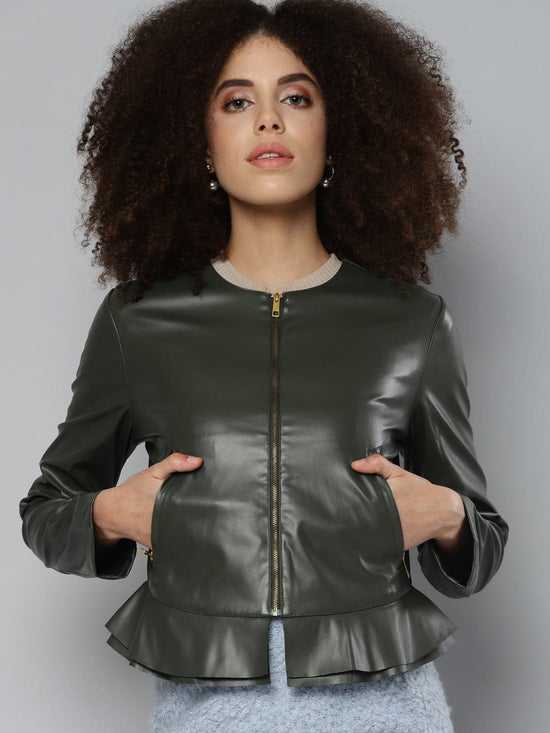 Olive PU Frill Hem Jacket