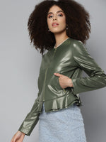 Olive PU Frill Hem Jacket