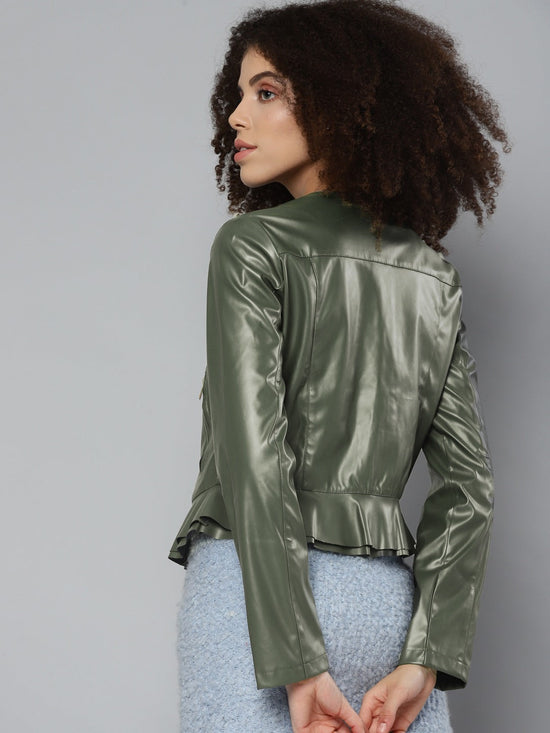 Olive PU Frill Hem Jacket