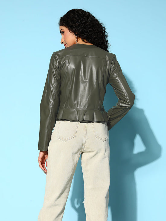 Women Olive PU Frill Hem Jacket