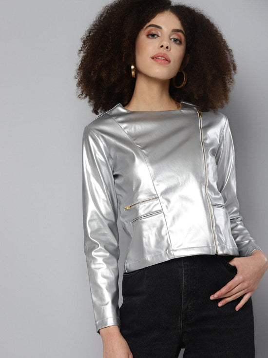 Silver Mettalic PU Biker Jacket