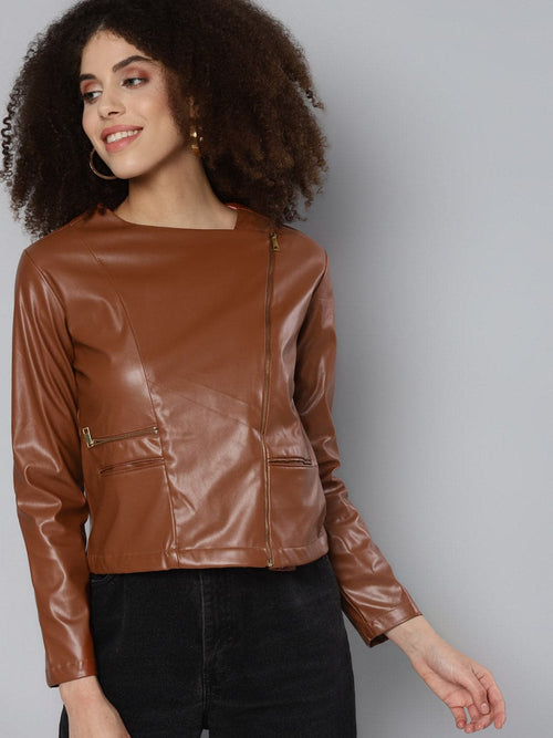 Brown PU Biker Jacket