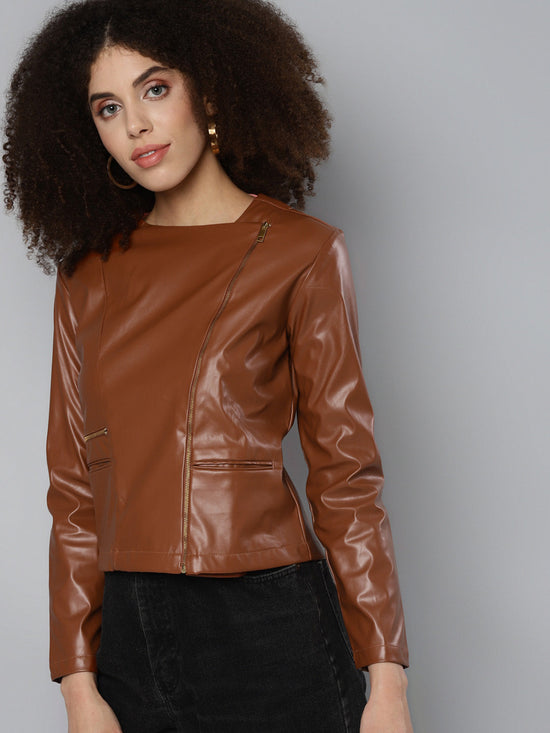 Brown PU Biker Jacket