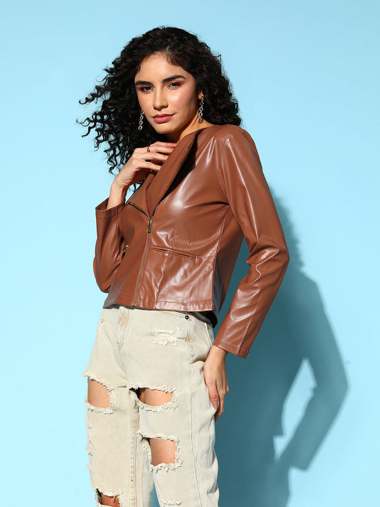 Women Brown PU Biker Jacket