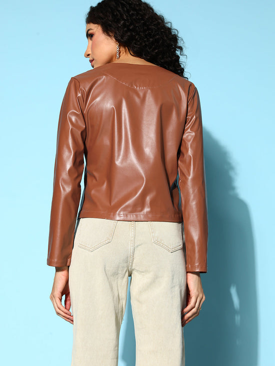 Women Brown PU Biker Jacket